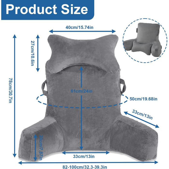 Крісло-мішок для читання, 90 x 80 см, XXL спинка, з підлокітником та знімною подушкою для шиї, сіре