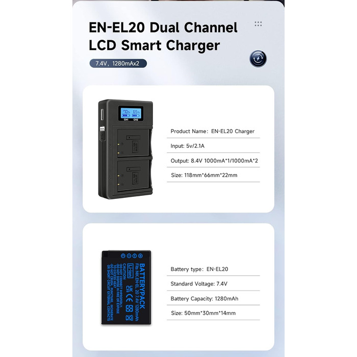 2 шт. акумулятори EN-EL20/EN-EL20a + зарядний пристрій Smart LCD Dual USB для Nikon Coolpix P950, P1000, P1100, Coolpix A, 1 AW1, 1 J1, 1 J2, 1 J3, 1 S1, 1 V3, DL24-500 цифрових камер