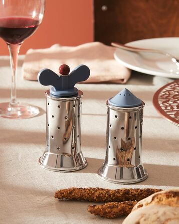 Alessi salt shaker made of stainless steel with lid and closure made of PA, black, 3 x 7 x 10 cm