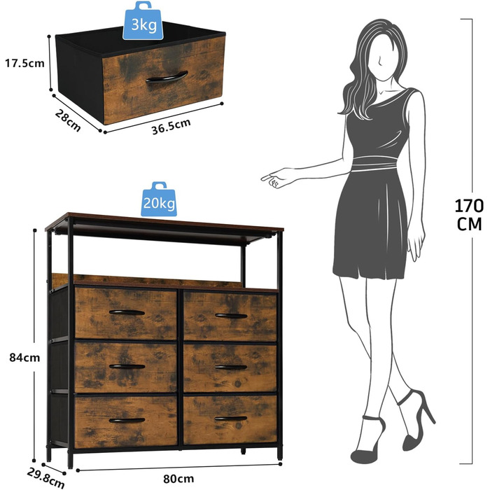 LYNCOHOME Chest of Drawers with Fabric Drawers, Sideboard Entryway Cabinet with 6 Fabric Drawers and Compartments, Drawer Unit Storage Furniture for Kitchen, Office, Bedroom