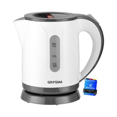 Електричний чайник GRIFEMA 0.8L, 1100W з фільтром від накипу, без BPA, автоматичне вимкнення, захист від перегріву, білий пластик