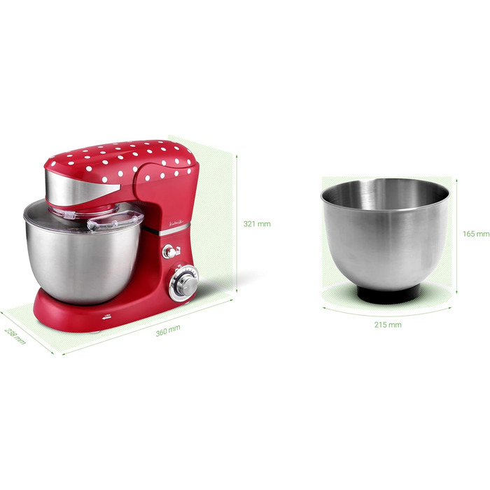 Kalorik TKG M 3014 Design Kitchen Machine with 5 Liter Stainless Steel Bowl, Die-Cast Stirring and Dough Hooks, 6 Speed Settings, Stainless Steel Whisk, Powerful 1000 Watts, Red