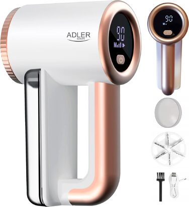 Електричний removing-машинка для видалення ворсу ADLER EUROPE AD 9617 з LCD-дисплеєм, 3 швидкості, акумулятор 2000mAh, USB-зарядка, білий/золотий