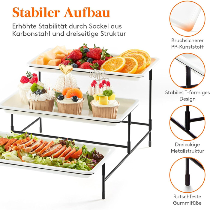 Lifewit 3-Tier Etagere with 30 x 17 cm Plastic Serving Plates, 3-Level Serving Tray Serving Platter with Folding Black Metal Shelf, Buffet Party Accessories for Vegetables/Fruit/Cookies/Cake