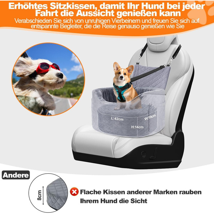 Автокрісло для собак - чорне автокрісло-бустер для маленьких собак з 28D Memory Foam, неслизька та водонепроникна підкладка, переносна клітка з кишенями для зберігання та ковдрою, чорний (02-Сірий)