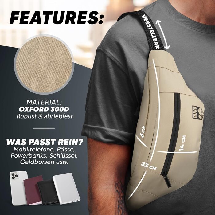 RUVO® Поясна сумка для чоловіків та жінок | Стильна сумка на пояс з 4 відділеннями на блискавці | Підходить для будь-яких активностей (Бежевий)