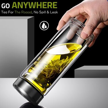 Double-walled glass tea bottle, 1 liter, with 2-in-1 stainless steel strainer for on-the-go use. 1000ml large volume, tea bottle 100% leak-proof, 1 l (350ml single serve).