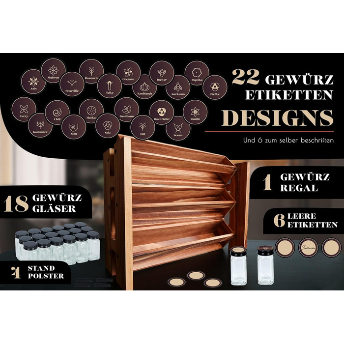 Elegant dark spice rack, wood standing & wall-mounted, 18 spice jars, 25 labels. Spice organizer, spice rack, kitchen shelf, wood, vintage. Spice rack - spice rack system hanging - spice storage (pine wood)