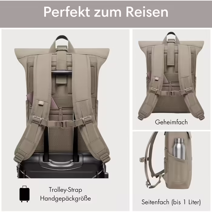 Women's & Men's Rucksack - No. 4 - Rolltop Backpack with Laptop Compartment for University, Work & Cycling - Large Travel Backpack - Water-Repellent (Gravel)