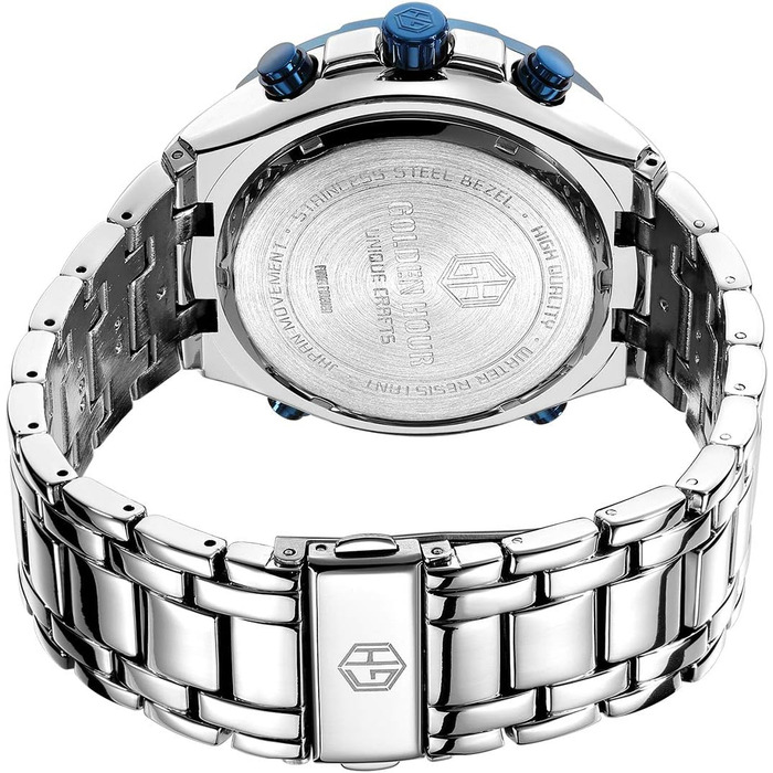 Чоловічий годинник з хронографом: надійний годинник з нержавіючої сталі, водонепроникний, з датою та будильником, аналогово-цифровий дисплей (сріблястий, блакитний)