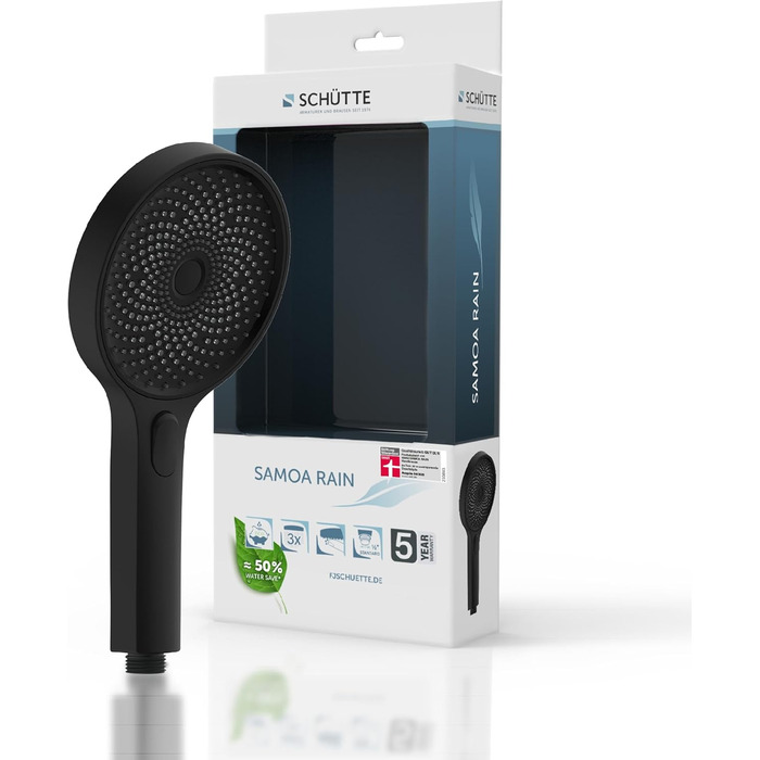 SCHÜTTE Hand Shower SAMOA RAIN | Velvet Jet Technology | Showerhead with over 300 nozzles | 3 adjustable spray patterns | Anti-limescale showerhead for the shower | White (Black)