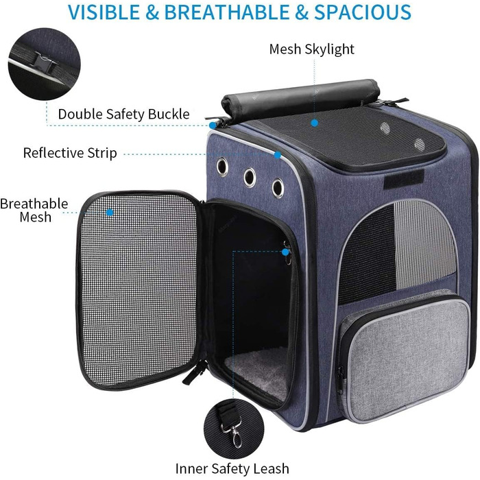 Рюкзак-переноска для котів та маленьких собак Morpilot, 7 кг, блакитно-сірий, 33л