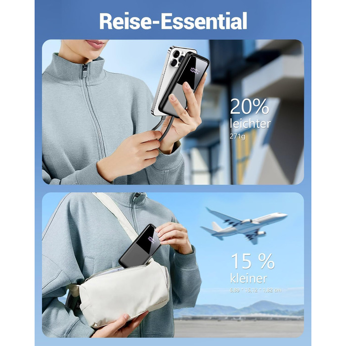 Power Bank 26800mAh, 22,5W з 3 портами USB та 2 вбудованими кабелями, чорний. Сумісний з iPhone та Android