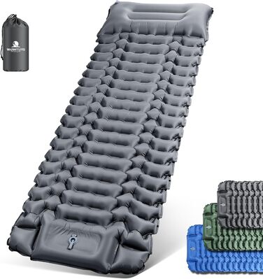 Isomatte Camping Self-Inflating Sleeping Pad - 12cm Thick, Compact, Waterproof Air Mattress with Foot Pump & Pillow - Ripstop Anti-Tear Sleeping Mat for Hiking & Beach (Gray)