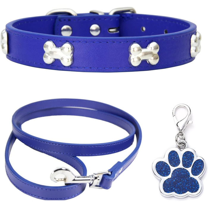 Нашийник для собак з шкіри та поводок-комбінований набір. Регульований нашийник для цуценят та собак середніх та маленьких порід. Білий (L, Синій)
