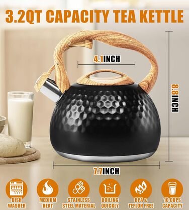 Чайник-свисток Foedo з нержавіючої сталі з дерев'яною текстурою, 3.2 л, для чаю, кави та молока, класичний дизайн, червоний (Чорний-6)