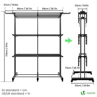 VOUNOT® Сушарка для білизни Турм Розкладна, для дому та вулиці, з розкладними крилами, телескопічною штангою, 6 колесами, 40м довжини сушіння, 3 яруси, білий (чорний) колір