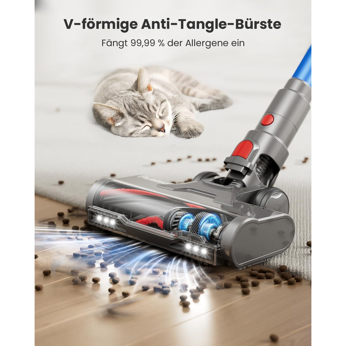 Бездротовий акумуляторний пилосос 48000Pa/580W/65Min, об'єм 1,8L з функцією від'єднання пилу, антизаплутана щітка, 8-ступенева фільтрація. Підходить для килимів, шерсті тварин та твердих поверхонь. Колір: блакитний