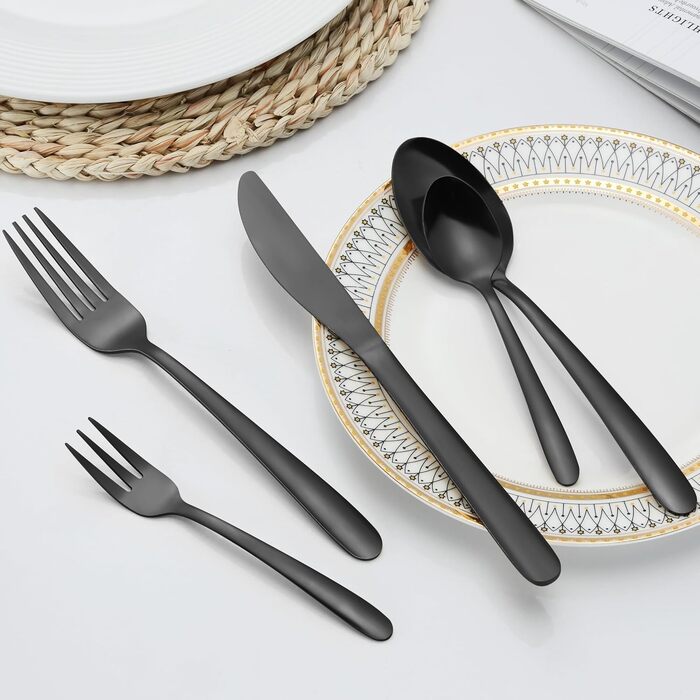 Bestdin Cutlery Set 12 Persons, 60 Piece Black Cutlery, Stainless Steel Cutlery Set with Knife Fork Spoon, Black Cutlery for Home/Party/Restaurant, High Gloss Polished & Dishwasher Safe.