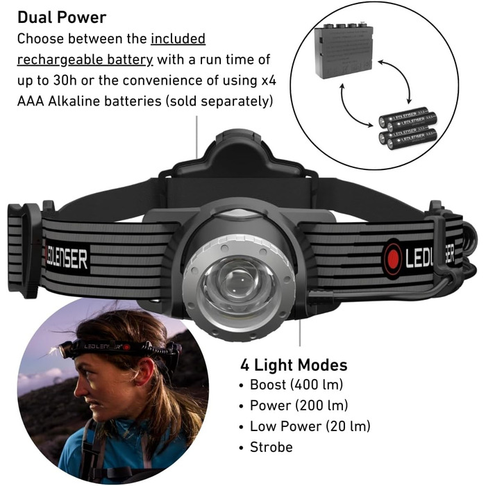 Ліхтар налобний Ledlenser H7 SE LED, 300 люмен, 160 м, фокус, заднє світло, батарейки та USB-кабель