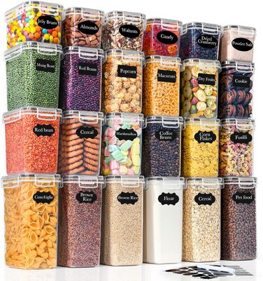 Набір контейнерів для зберігання GoMaihe 24 шт. з кришкою: герметичні контейнери для продуктів з етикетками та маркером | Коробки для зберігання на кухню для мюслі, борошна, кукурудзяних пластівців та цукру | Без BPA | Можна мити в посудомийній машині, чо