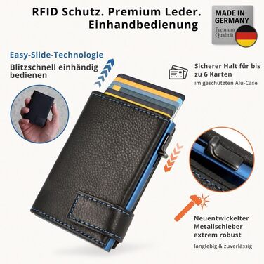 Шкіряний картхолдер SecWal з монетницею та RFID захистом, міні-гаманець з кнопкою в подарунковій коробці, чорно-синій (Made in Germany)