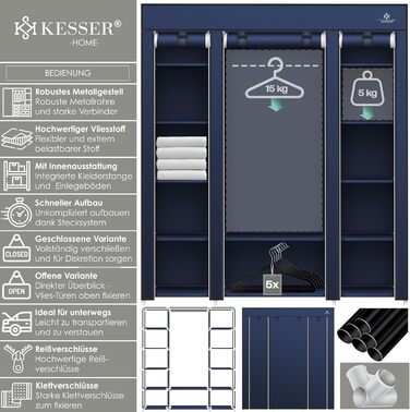 KESSER® Wardrobe Clothes Closet Stable with Clothes Rail & Shelves, Incl. 5x Clothes Hangers, Fabric Folding Closet for Bedroom, Dressing Room Wardrobe with Clothes Rack 150x45x175cm (Navy Blue)