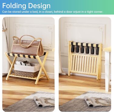 SMIBUY Luggage Rack, Foldable Bamboo Suitcase Stand with Storage Compartments for Guest Rooms, Bedrooms, Hotels, Heavy Duty (Natural Color)