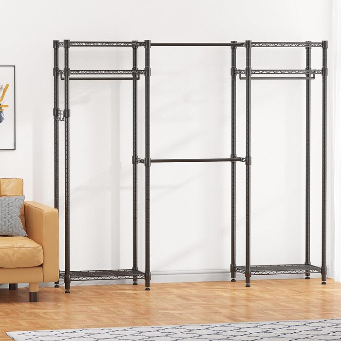 Тeleskopна штанга Himimi для одягу з 4 перекладинами та 6 регульованими полицями, 1 гачком, телескопічна система, регульована висота 175-230 см x H180 см, чорна