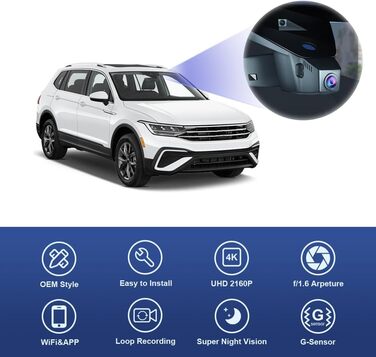 Автореєстратор Fitcamx 4K UHD для VW Tiguan 2016-2024 (HD2-6108) — OEM відеореєстратор з WiFi, G-сенсором, паркуванням та карткою пам'яті 64GB, Plug & Play