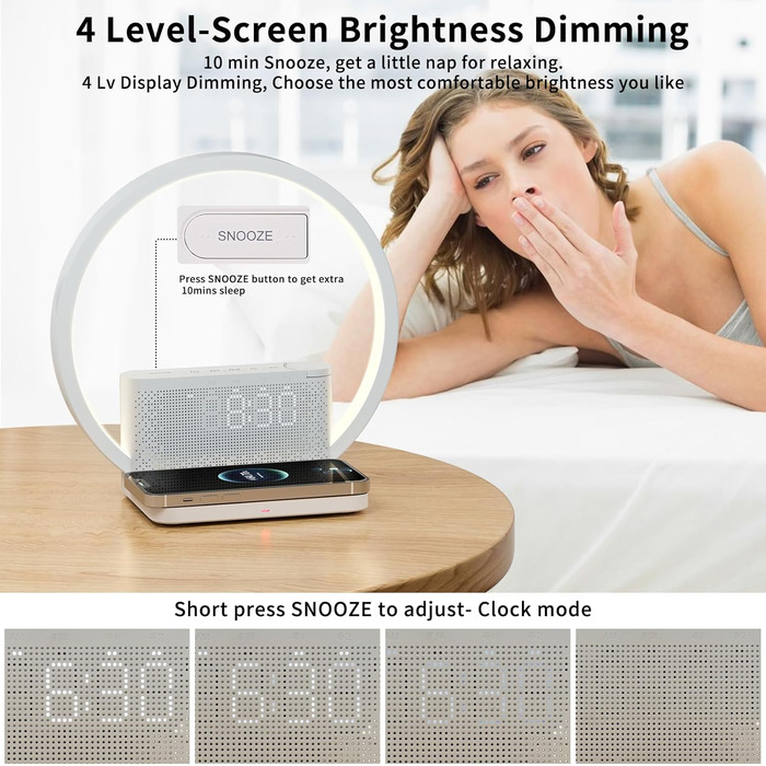 Нічна лампа RETEYUNG з бездротовою зарядкою 10W, 2 будильники, денний світловий будильник, 10 заспокійливих звуків, сенсорне регулювання яскравості (3 рівні), стиль арт-деко