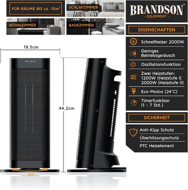 Керамічний обігрівач Brandson з дистанційним керуванням, 2000 Вт, для ванної кімнати, тихий, з осциляцією, 2 режими нагріву, економний режим, підвищена безпека, чорний