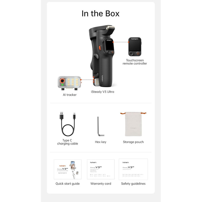 Стабілізатор Hohem iSteady V3 Ultra для смартфона: AI-трекінг, керування жестами, від'ємна рукоятка, екран 2.2'' та штатив, чорний