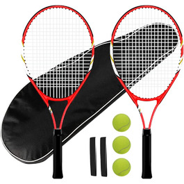Beginner Tennis Racquet Set for 2 Players - Pre-Strung 27 Inch Adult Racquets with Balls, Overgrips & Carry Bag