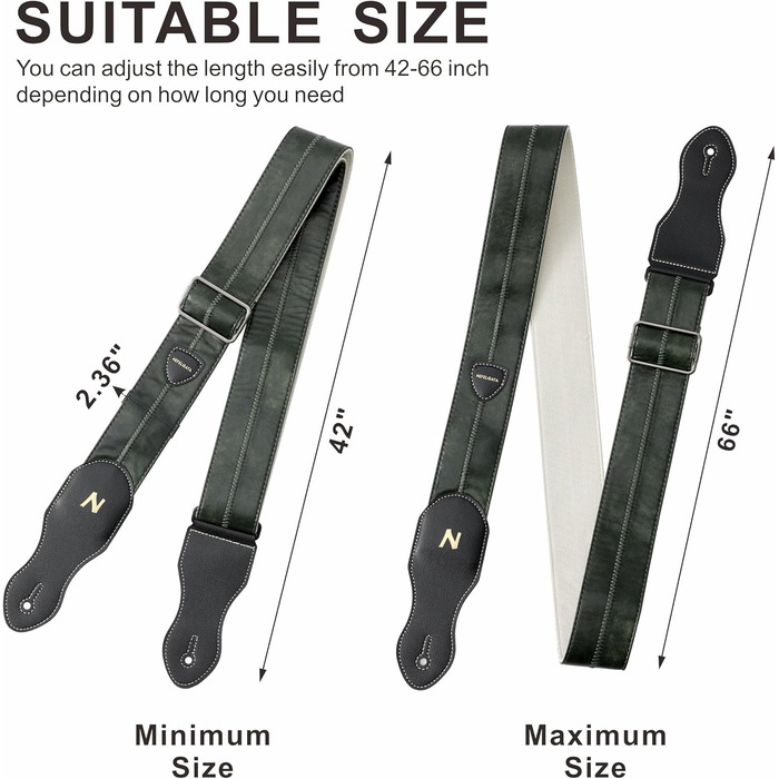 Гітарний ремінь Nefelibata з кишенею для медіатора, 2.3-дюймовий веганський шкіряний ремінь для гітари в стилі Porter, вінтажний стиль 30-х років, з медіаторами, кнопками та замками. Регульована довжина від 42 до 66 дюймів (зелений)