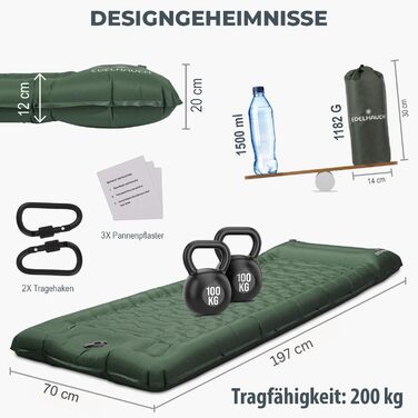 Isomatte Ultraleicht 12 см, складана з інтегрованим насосом та подушкою – килимок для кемпінгу, автомобільна матрац, повітряна матрац, зелений