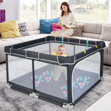 DREAMADE Playpen Baby, 124 x 124 cm Playard Foldable with 50 Play Balls & 4 Pull Rings, Safety Net with Breathable Mesh & Zipper (Dark Grey)