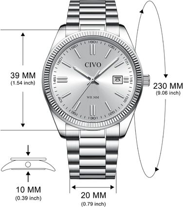 Чоловічий годинник CIVO з нержавіючої сталі: аналоговий бізнес-годинник з датою, що світиться, водонепроникний для роботи та відпочинку, стильний подарунок для чоловіків (сріблястий)