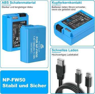 Набір акумуляторів NP-FW50 1300mAh та зарядний пристрій LCD для камер Sony ZV-E10, A6000, A6300, A6400, A6500, A5100, A5000, A7, A7II, A7R, A7RII, A7SII, 7RM2, 7SM2, 7M2, A55, RX10 II, III, IV, NEX-3/5/6/7, NEX-F3 (2 шт. акумулятори + 1 зарядний пристрій)