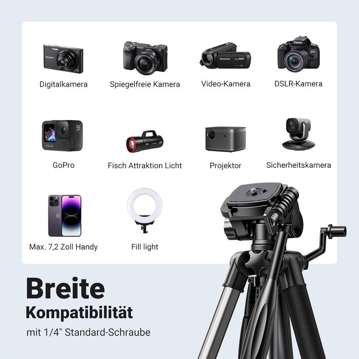 Штатив для камери UGREEN 53.5-175 см, легкий та портативний, з тримачем для смартфона та чохлом для DSLR, Canon, Nikon, Action Camera