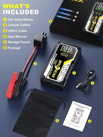 Powerbank для автомобіля 8000A 12V – Пусковий пристрій, бустер для акумулятора, зарядний пристрій для бензинових та дизельних авто (до 10л) з LCD дисплеєм, LED ліхтарем та кабелями для підключення (чорний)