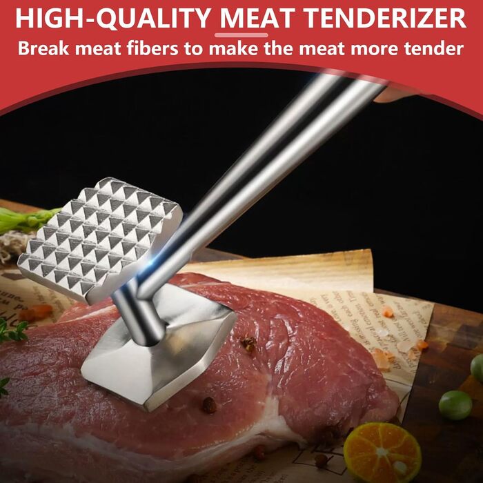 АКОЛАФЕ Fleischklopfer: М'ясорубка для відбивання м'яса з нержавіючої сталі, 26 см, подвійна сторона, для стейків, курки, свинини, реберець, антипригарне покриття, з отвором для підвішування, придатна для миття в посудомийній машині