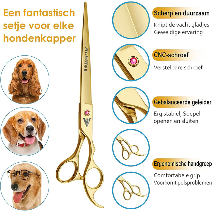 Професійні ножиці для грумінгу собак Achilles 7 дюймів - Японська сталь преміум-якості, ножиці для догляду за собаками (Золото, 7 дюймів)