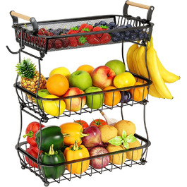 Металевий фруктовий кошик з 3 ярусами та підвішуванням для бананів, чорний. Організатор для овочів, фруктів та закусок. Велика місткість.
