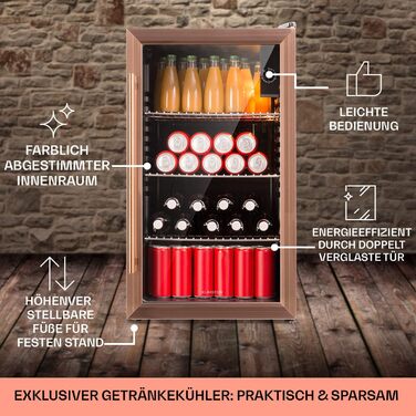 Klarstein Mini Fridge with Glass Door - 80L Compact Beverage Cooler with Adjustable Shelves & Wave Design Racks - Quiet Operation, Copper Metallic Finish