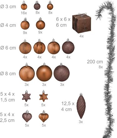 Набір прикрас для ялинки Relaxdays: 110 кульок, мішура та інше. Декоративні кульки для ялинки, коричневого кольору