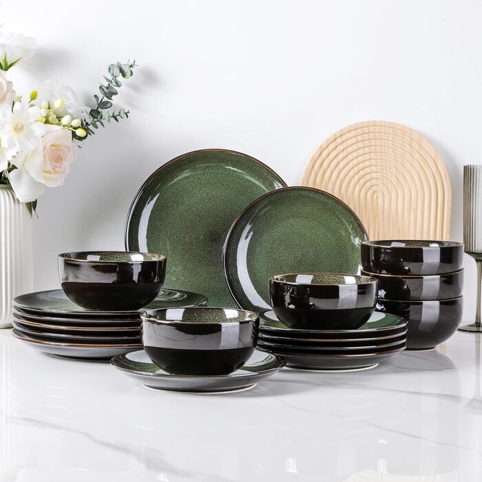 Набір посуду LeRatio для 8 осіб, 24-частинний, з реактивною глазур'ю, з кераміки, стійкий до подряпин, набір тарілок та мисок, придатний для миття в посудомийній машині та використання в мікрохвильовій печі (Смарагдово-зелений, 18 частин)