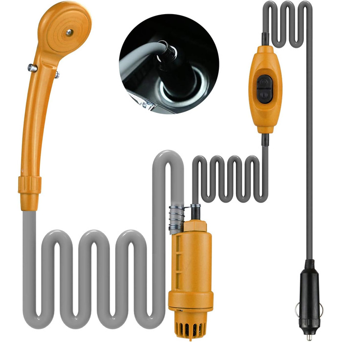 12V Portable Outdoor Shower Cigarette Lighter Socket Powered Shower Pump Water Pump for Car, RV, Camper, Camping, Hiking