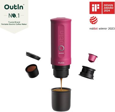 Outin Portable Electric Espresso Machine, Camping Coffee Maker, Self-Heating with USB-C, Compatible with Ground Coffee & Nespresso Capsules - Fuchsia Pink
