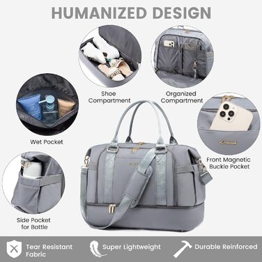 Спортивна сумка LOVEVOOK для подорожей, жіноча дорожня сумка-мішок, Weekender з косметичкою, відділенням для взуття та мокрих речей, водонепроникна, 37L, сіра